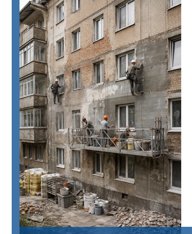 Капитальный ремонт фасада в Ялте с восстановлением и гидроизоляцией