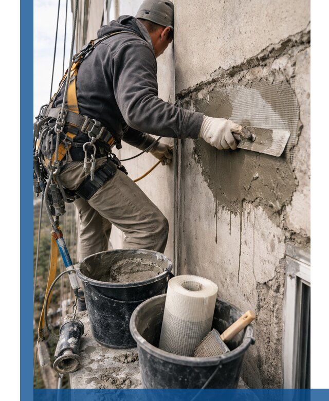 Ремонт бетонных элементов фасада промышленными альпинистами в Ялте