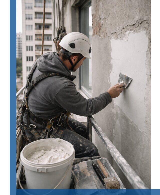 Шпаклевка фасадов на высоте с промальпинистами в Ялте