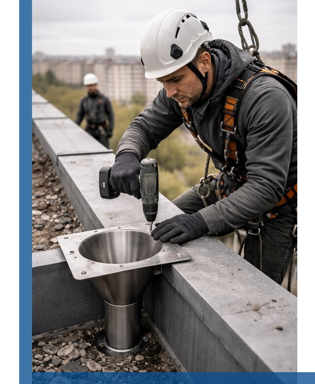 Монтаж водосточных воронок в Ялте для промышленных зданий