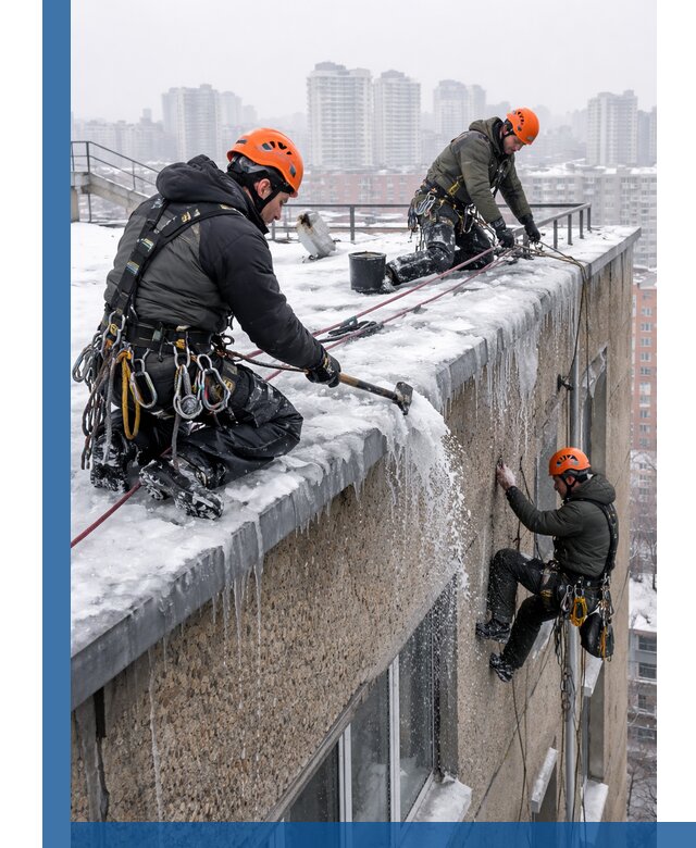 Удаление наледи с кровли в Ялте промышленными альпинистами