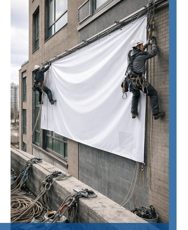 Монтаж баннеров на фасаде в Ялте от 664 р. заказать ВЫСОТНИК-Ялт