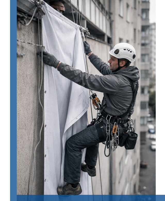 Замена баннерного полотна промышленными альпинистами в Ялте