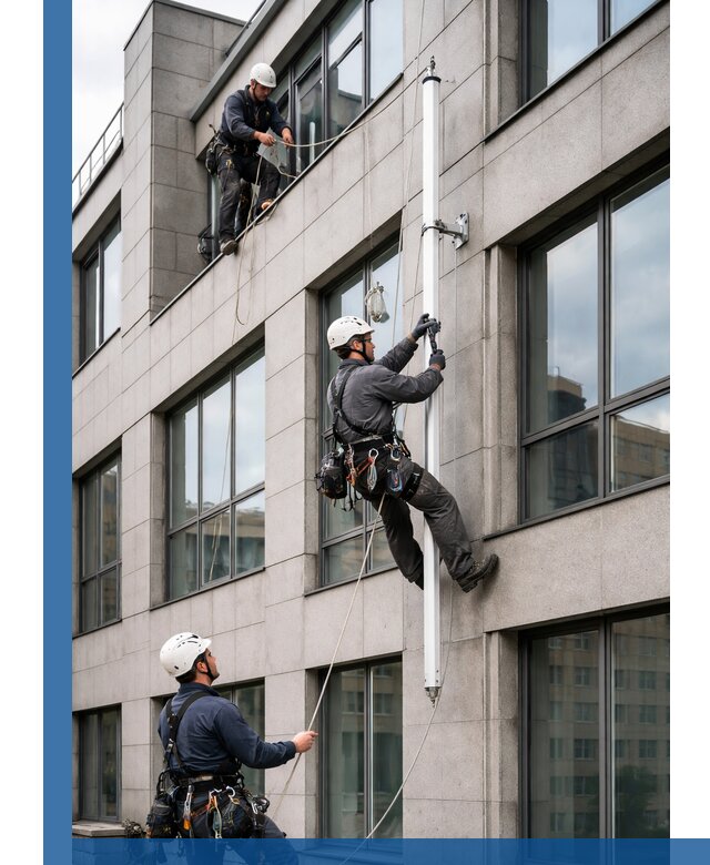 Монтаж флагштока на фасаде здания с креплением и герметикой в Ялте