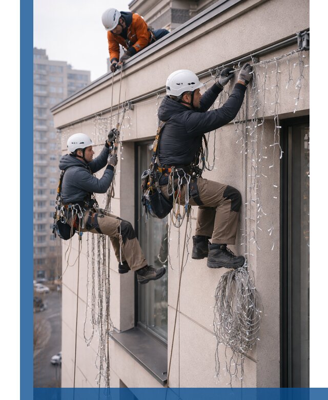 Монтаж праздничных гирлянд на фасаде в Ялте для зданий