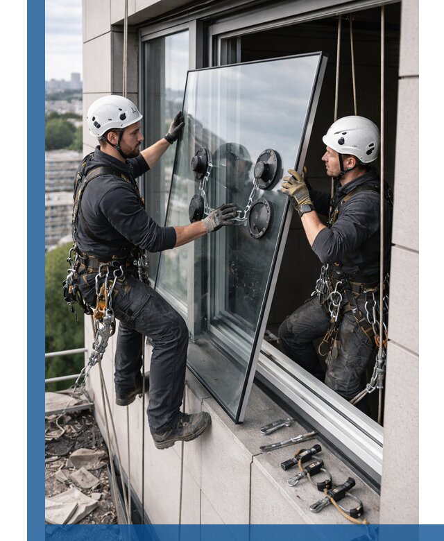 Замена стеклопакетов на высоте с промышленными альпинистами в Ялте
