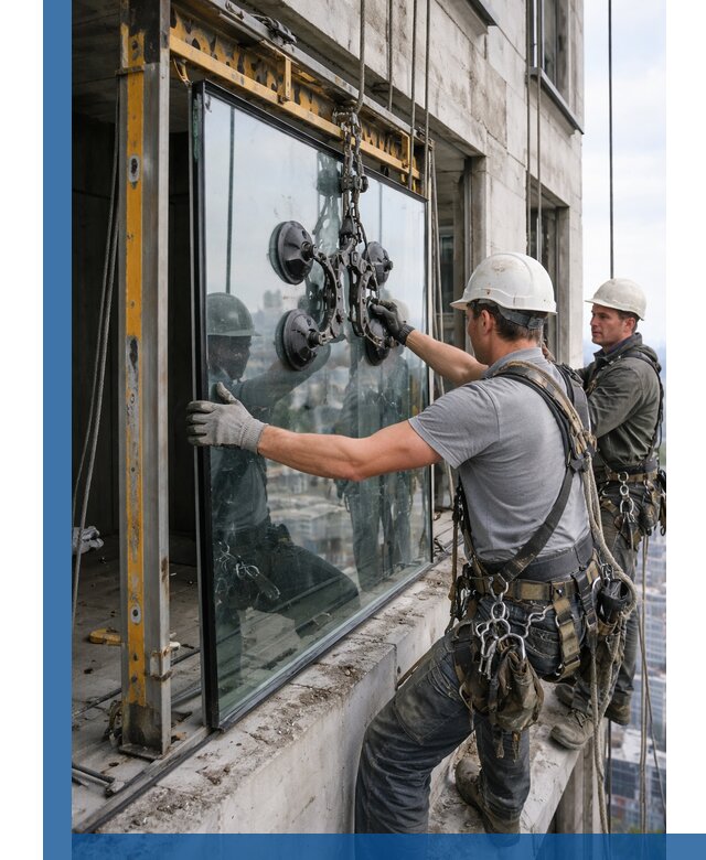 Монтаж стеклопакетов на высоте в Ялте с промышленным альпинизмом