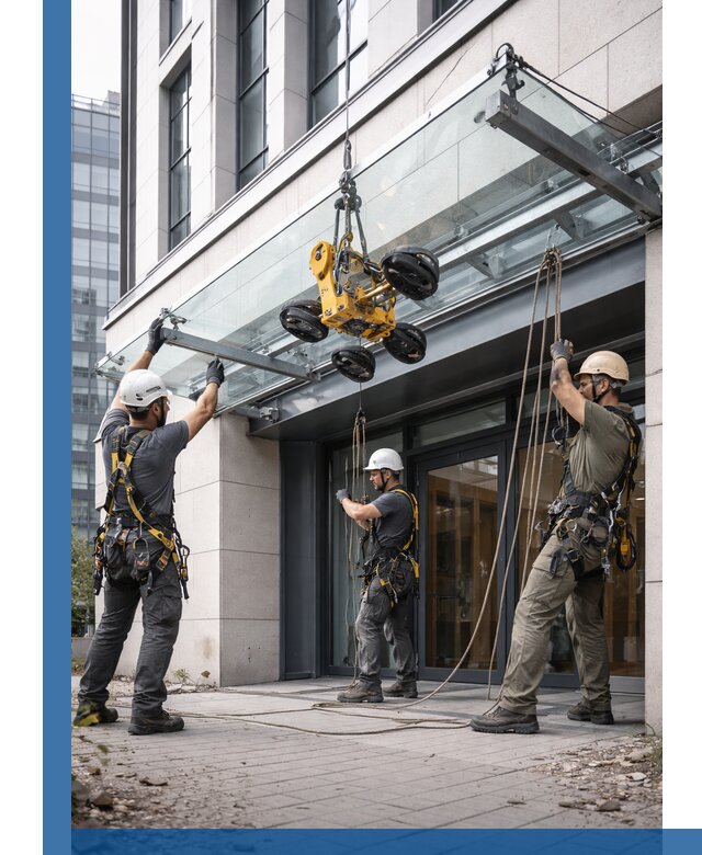 Монтаж стеклянных козырьков под ключ в Ялте для зданий