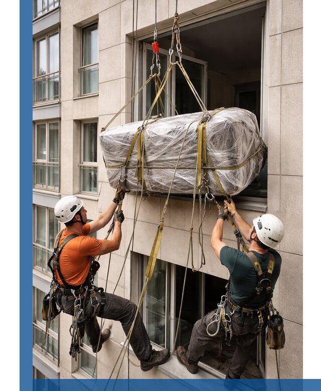 Подъем грузов через окно в Ялте промышленными альпинистами