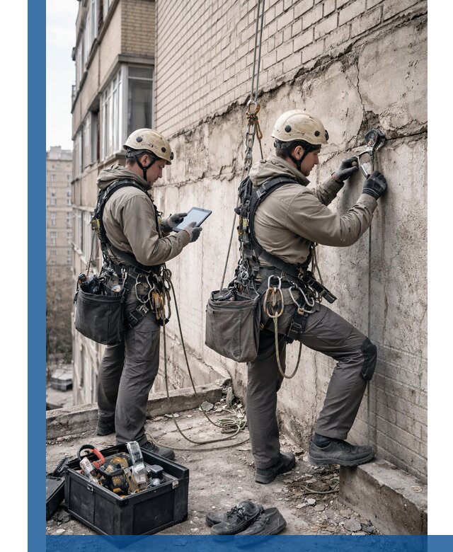 Обследование фасада промышленными альпинистами в Ялте